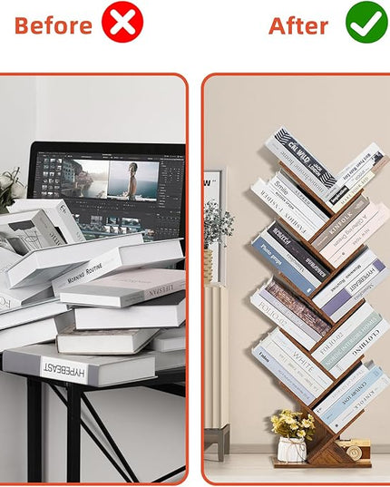 10 Tier Tree Book Shelf, Floor Standing Wood Bookshelf for Narrow Space, Storage Organizer Bookshelves for Books/CDs/Magazine, Bookcase with Shelves for Home Office, Living Room - Brown - LeafyLoom