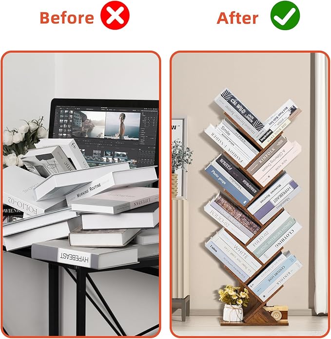 10 Tier Tree Book Shelf, Floor Standing Wood Bookshelf for Narrow Space, Storage Organizer Bookshelves for Books/CDs/Magazine, Bookcase with Shelves for Home Office, Living Room - Brown - LeafyLoom