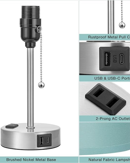 Dicoool Teal Bedside Lamp for Nightstand - 3 Color Temperature Table Lamp with USB C and A Ports, Pull Chain Lamp for Bedroom with AC Outlet, Desk Lamp with Silver Metal Base for Kids Girls - LeafyLoom