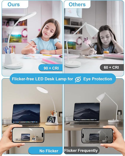 hansang LED Desk Lamp with Wireless Charger for Home Office, Stepless Dimmable, 3 Color Modes, Touch Control White Study Lamp for College Dorm Room, Pen Holder, CRI 90, 800 Lumen, Adapter Included - LeafyLoom