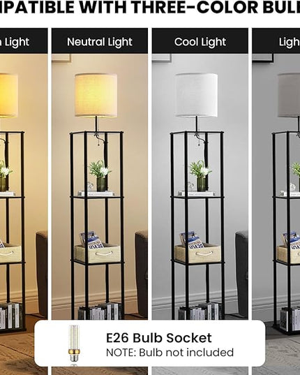 Moooni Modern Floor Lamp with Shelves Black Shelf Floor Lamp with White Linen Shape Corner Storage Floor Lamp for Living Room Bedroom Office - LeafyLoom