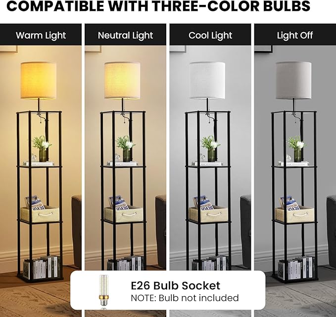 Moooni Modern Floor Lamp with Shelves Black Shelf Floor Lamp with White Linen Shape Corner Storage Floor Lamp for Living Room Bedroom Office - LeafyLoom