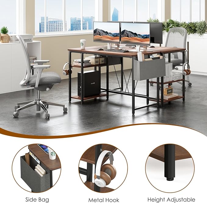 Computer Desk, 47.2” Home Office Desks, Modern Small Desk for Bedroom, Gaming Desk with Iron Hook and Height Adjustable Feet, Sturdy Student Writing Desk with Storage Bag, Storage Shelves - LeafyLoom