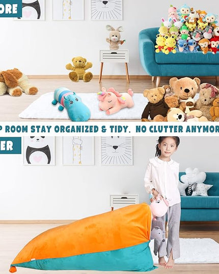 Stuffed Animal Storage Bean Bag Chair Cover, Velvet Turquoise Orange Plush Toy Storage Stuff and Sit Seat for Kids/Teens/Adults, 52" x 31" Extra Large Triangle Sofa, 200L/52Gal, Cover Only - LeafyLoom