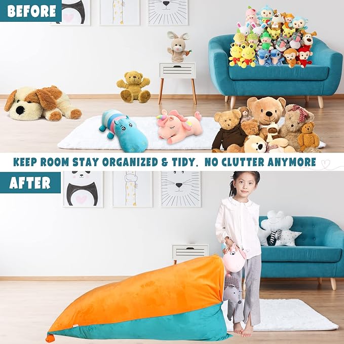 Stuffed Animal Storage Bean Bag Chair Cover, Velvet Turquoise Orange Plush Toy Storage Stuff and Sit Seat for Kids/Teens/Adults, 52" x 31" Extra Large Triangle Sofa, 200L/52Gal, Cover Only - LeafyLoom