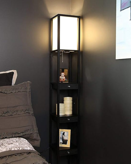 Brightech Maxwell Drawer Edition - Modern Shelf Floor Lamp with Drawer - Corner Display Floor Lamps with Shelves for Living Room, Bedroom and Office - Black - LeafyLoom