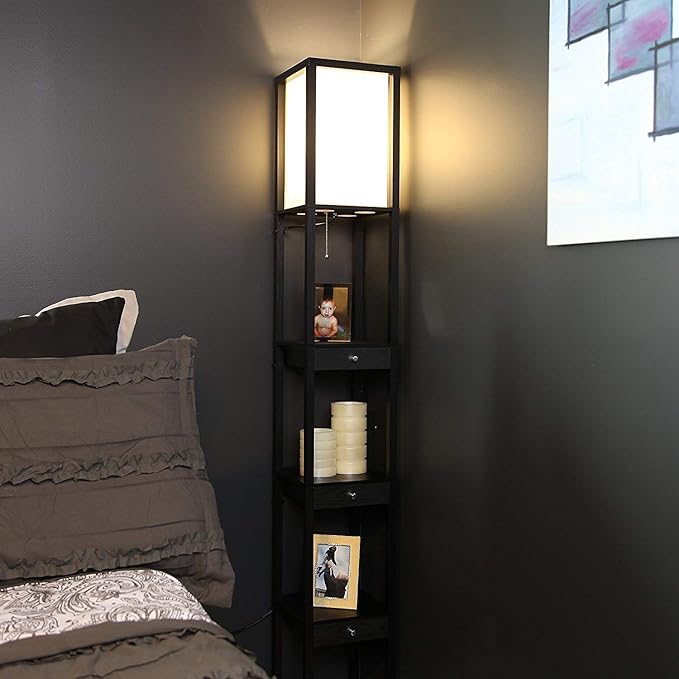 Brightech Maxwell Drawer Edition - Modern Shelf Floor Lamp with Drawer - Corner Display Floor Lamps with Shelves for Living Room, Bedroom and Office - Black - LeafyLoom