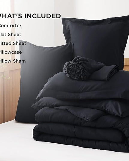 Bedsure Black Twin Comforter Set - 5 Pieces Solid Twin Bed in a Bag, Twin Bed Set Black with Quilted Warm Fluffy Comforters, Sheets, Pillowcase & Sham - LeafyLoom