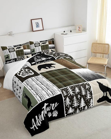 Camper Adventure Kids Comforter Set King Size,Deer Antlers Bear Paws Rustic Farmhouse Bedding Set for Boys Girls Adults Room Decor,Atzec Arrows Boho Down Comforter,Camo Duvet Insert,2 Pillowcases - LeafyLoom