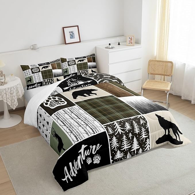 Camper Adventure Kids Comforter Set Full Size,Deer Antlers Bear Paws Rustic Farmhouse Bedding Set for Boys Girls Adults Room Decor,Atzec Arrows Boho Down Comforter,Camo Duvet Insert,2 Pillowcases - LeafyLoom