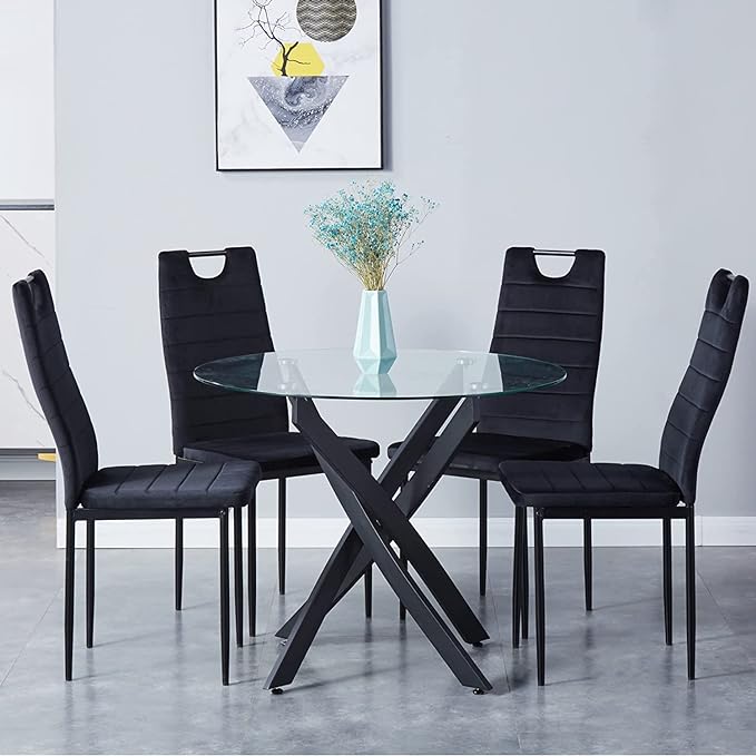 Round Tempered Glass Dining Table for 2-4 with Metal Legs, 35.5 in Modern Small Kitchen Table for Kitchen Dining Room (Black) - LeafyLoom