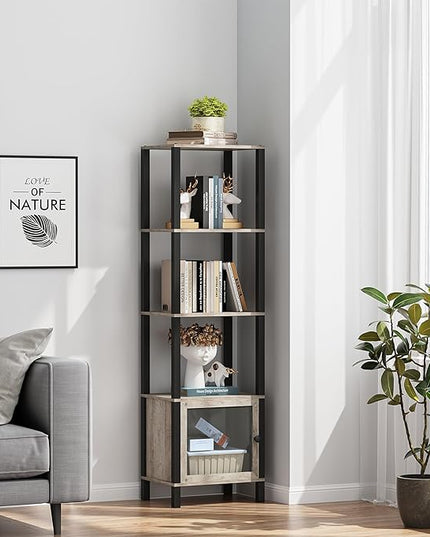 TUTOTAK 5 Tier Bookcase and Bookshelf, Narrow Book shelf with Door for Small Space, for Living Room, Office, Study, Entryway, Greige BS03BG005 - LeafyLoom
