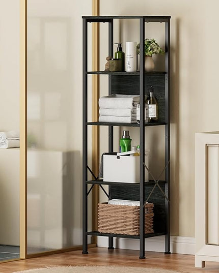 Furologee 5 Tier Tall Bookshelf with Back, Industrial Narrow Bookcase, Display Standing Shelf Units, Metal and Wood Storage Corner Shelves Organizer for Bedroom, Living Room, Entryway, Kitchen, Black - LeafyLoom