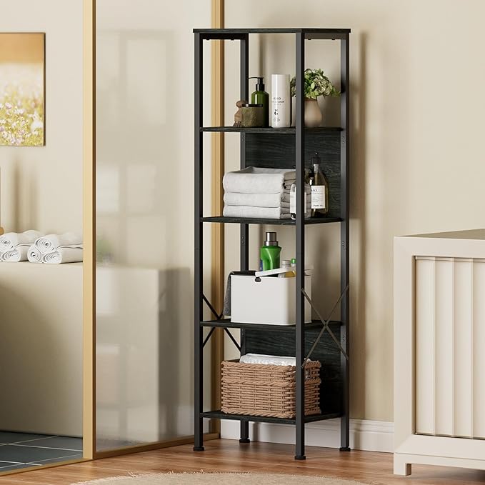 Furologee 5 Tier Tall Bookshelf with Back, Industrial Narrow Bookcase, Display Standing Shelf Units, Metal and Wood Storage Corner Shelves Organizer for Bedroom, Living Room, Entryway, Kitchen, Black - LeafyLoom