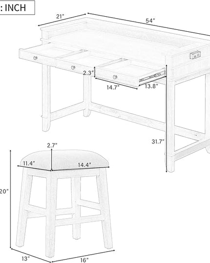 Retro Upholstered Stools, Multifunctional 3 Drawers, Easy Assembly and Clean, Room, Kitchen, Bar, 4 Piece Dining Table Set, Natural Wood Wash 12 - LeafyLoom