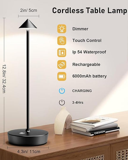 Set of 2 Rechargeable Cordless Table Lamp,6000mAh LED Battery Operated Desk Lamp Touch 3 Color Dimming Portable Outdoor Waterproof Table Light for Patio/Restaurant/Dining/Home (Black) - LeafyLoom