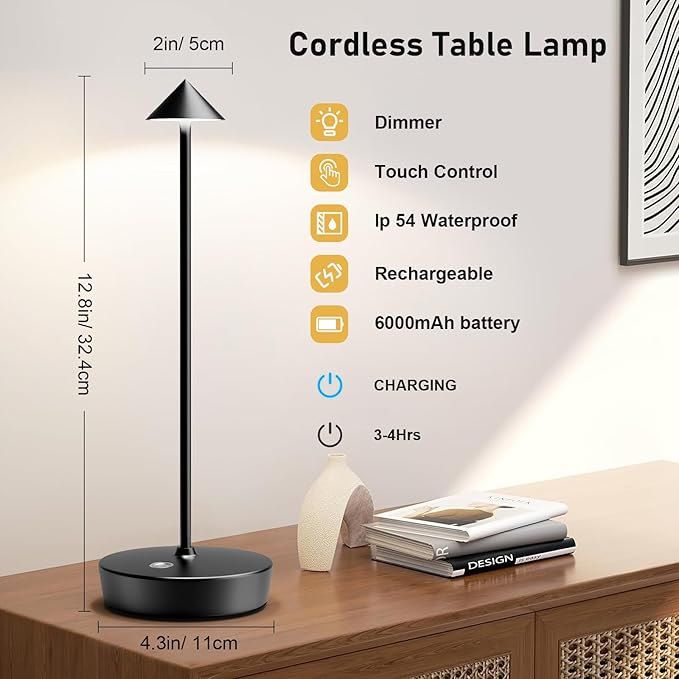 Set of 2 Rechargeable Cordless Table Lamp,6000mAh LED Battery Operated Desk Lamp Touch 3 Color Dimming Portable Outdoor Waterproof Table Light for Patio/Restaurant/Dining/Home (Black) - LeafyLoom