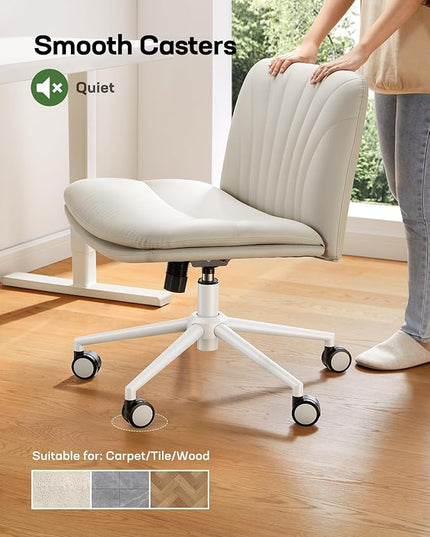 Marsail Armless-Office Desk Chair with Wheels: PU Leather Cross Legged Wide Chair,Comfortable Adjustable Swivel Computer Task Chairs for Home,Office,Make Up,Small Space,Bed Room(Balanced Beige) - LeafyLoom
