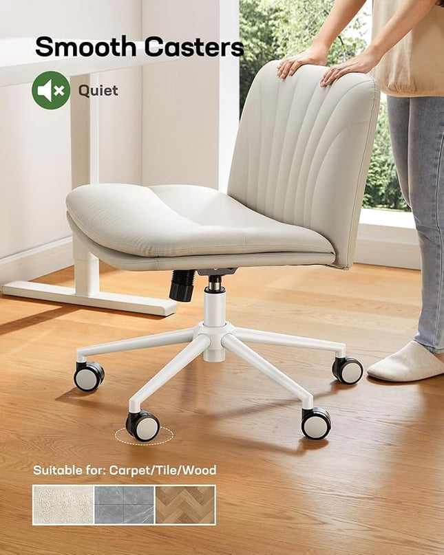 Marsail Armless-Office Desk Chair with Wheels: PU Leather Cross Legged Wide Chair,Comfortable Adjustable Swivel Computer Task Chairs for Home,Office,Make Up,Small Space,Bed Room(Balanced Beige) - LeafyLoom