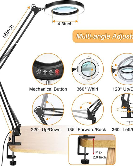 8X Large Magnifying Glass with Light and Stand, KRSTLV 2 x 16 Inch Swivel Arm LED Desk Lamp with Clamp, 5 Color Modes Stepless Dimmable Lighted Magnifier Hands Free for Close Work, Craft, Hobby, Black - LeafyLoom