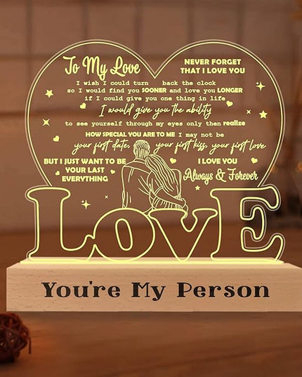 to My Love Wife Gifts from Husband, Romantic Valentines Gift 3D Illusion Lamp Wooden Base USB Powered Acrylic Night Light for Him Her Girlfriend Boyfriend Husband Wife on Birthday Anniversary - LeafyLoom