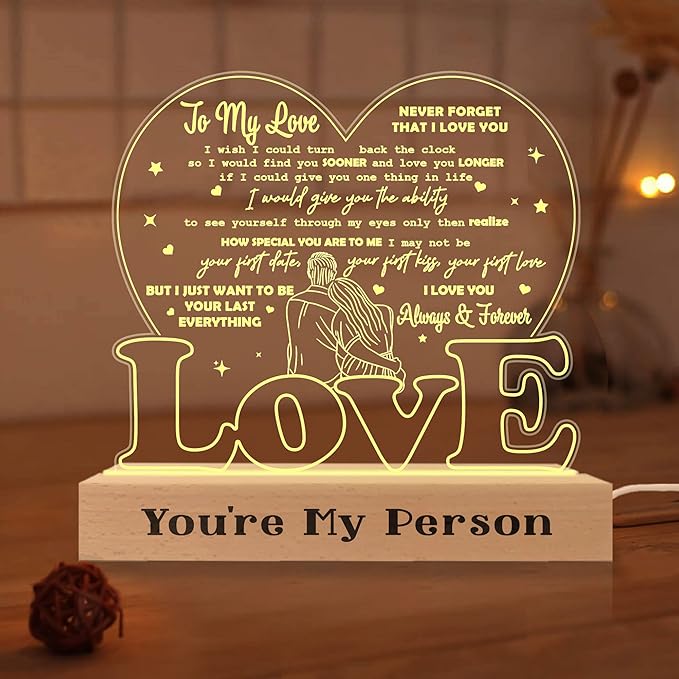 to My Love Wife Gifts from Husband, Romantic Valentines Gift 3D Illusion Lamp Wooden Base USB Powered Acrylic Night Light for Him Her Girlfriend Boyfriend Husband Wife on Birthday Anniversary - LeafyLoom