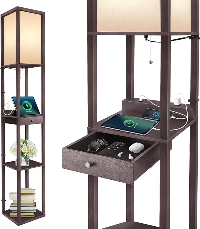OUTON Deluxe Shelf Floor Lamp with 1 Drawer, 2 USB-C Ports, 2 AC Outlets, LED Modern Floor Lamp with 3 Color Temperature, Storage Display Wood Standing Lamp for Living Room, Bedroom, Office (Walnut) - LeafyLoom