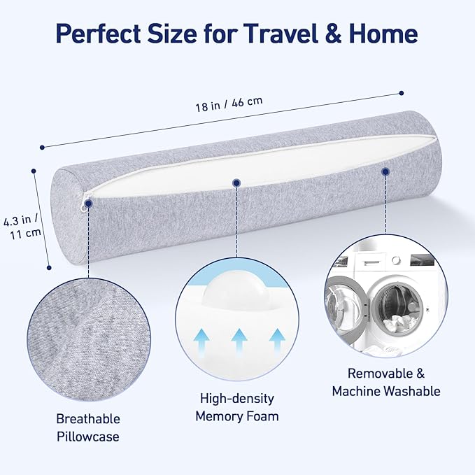 Neck Roll Pillow - Memory Foam Neck Roll Pillow for Sleeping - Ergonomic Neck Roll Pillow for Cervical Support & Neck Pain Relief, Versatile Round Bolster Pillow for Legs, Back (Grey) - LeafyLoom