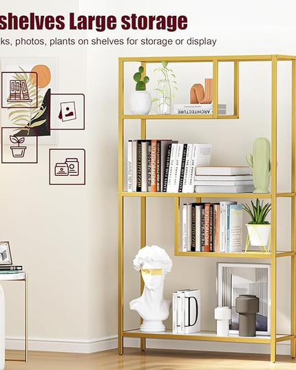HOME BI Geometric Bookshelf, Tall Modern Etagere Bookcase, Industrial Metal Book Shelf with 5 Open Display Shelves for Office Living Room, Gold and White - LeafyLoom