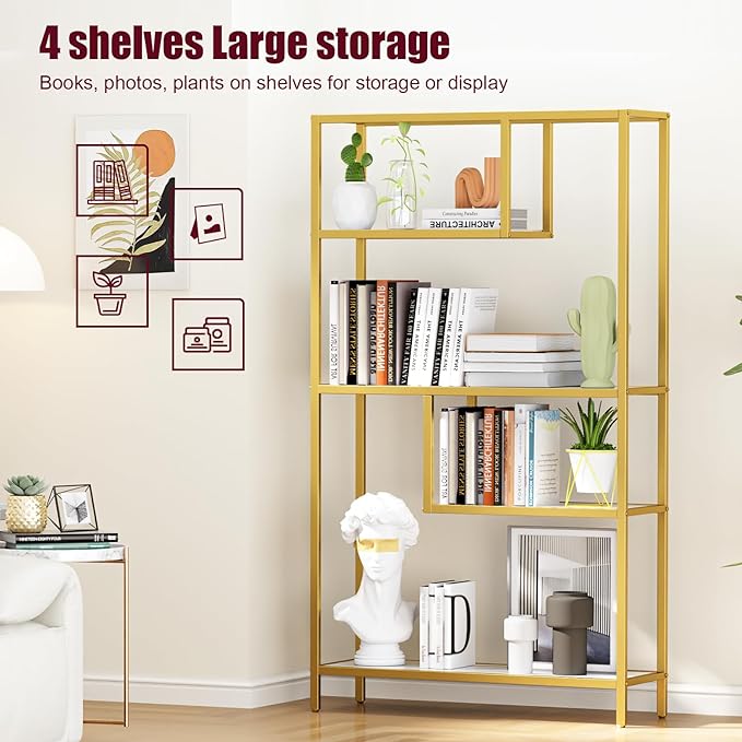 HOME BI Geometric Bookshelf, Tall Modern Etagere Bookcase, Industrial Metal Book Shelf with 5 Open Display Shelves for Office Living Room, Gold and White - LeafyLoom