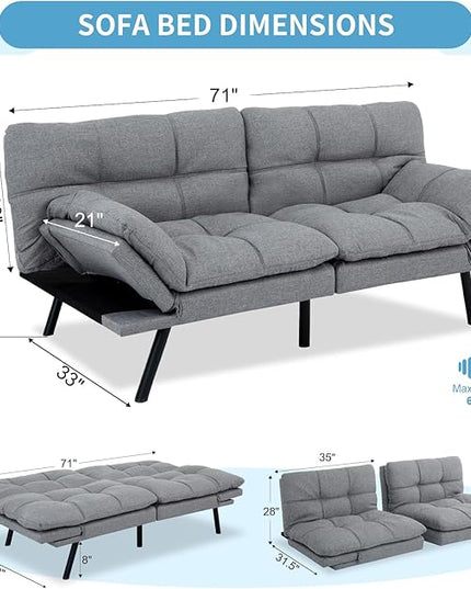 MUUEGM Futon Sofa Bed,Convertible 71" Couch Sofa, Modern Grey Sleeper Sofa with Adjustable Backrest for living room,Memory Foam Sofa Futon Couch Bed,Light Grey - LeafyLoom