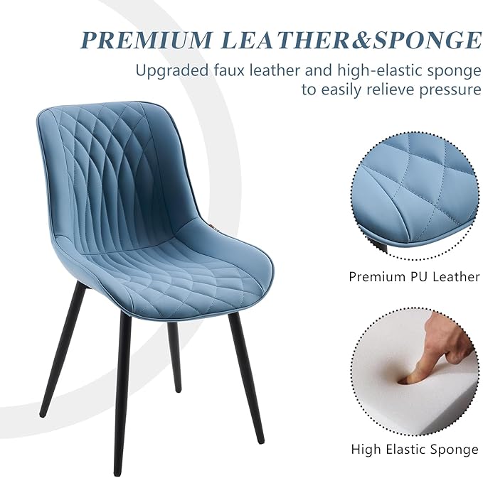 YOUNIKE Blue Dining Chairs set of 2 with High Backs Mid Century Modern Kitchen & Dining Room Chairs PU Faux Leather Upholstered sillas de comedor Comfortable Large Padded Accent Chairs with Metal Legs - LeafyLoom