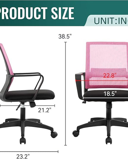 Office Chair Ergonomic Desk Task Chair Mesh Computer Chair Mid-Back Mesh Home Office Swivel Chair Modern Executive Chair with Wheels Armrests Lumbar Support (Pink) - LeafyLoom