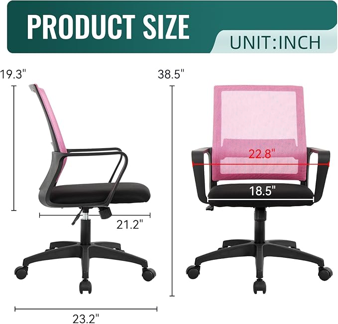 Office Chair Ergonomic Desk Task Chair Mesh Computer Chair Mid-Back Mesh Home Office Swivel Chair Modern Executive Chair with Wheels Armrests Lumbar Support (Pink) - LeafyLoom