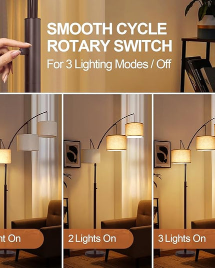 OUTON Tall Arc Floor Lamp - Adjustable, Modern, 3-Light Arched Lamp for Bedroom, Office, and Living Room, 2400lm Mid Century Design with 3 Energy-Efficient LED Bulbs Included, Beige Lampshade - LeafyLoom