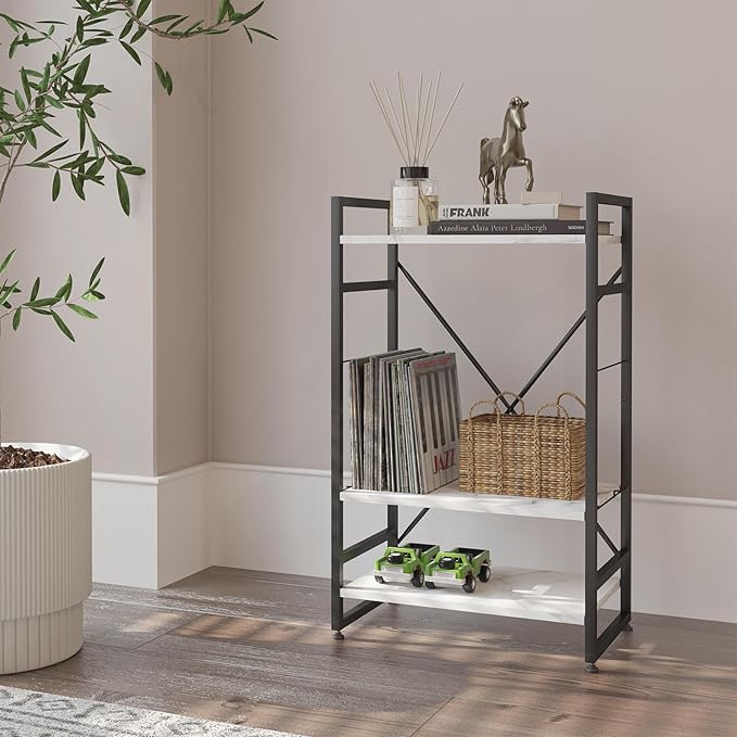 Bookshelf Organizer,3 Tiers Adjustable White Faux Marble Small Bookcase for Small Space,Industrial Wooden Storage Bookcase Display Rack and Storage Organizer for Living Room Home Office - LeafyLoom