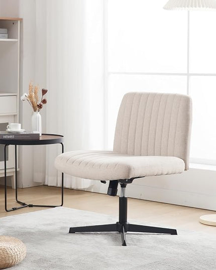 Armless Office Chair Wide Desk Chair Mid Back Accent Chair Padded Swivel Vanity Chair for Girl Women Computer Task Chair for Home Office (Linen, Beige with Cross Base) - LeafyLoom