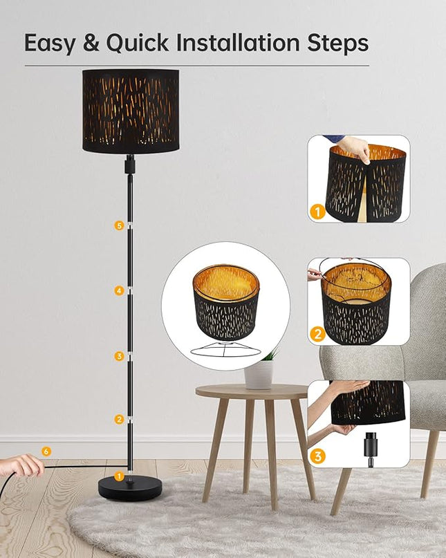 BoostArea Floor Lamp, Standing Lamp, 6W LED Floor Lamps with Black Lampshade, 2700K, Foot Switch, E26 Socket, 58" Tall Metal Pole Lamp, Simple Floor Lamps for Living Room/Bedroom/Farmhouse, Forest - LeafyLoom