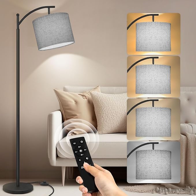 PESRAE Floor Lamp for Living Room, 9W Stepless Dimmable 3000-6000K LED Bulb Included, Standing Lamp with Remote Control, Tall lamp with Adjustable Linen Lampshade for Office… - LeafyLoom