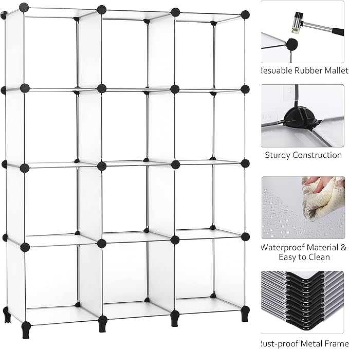 ANWBROAD Cube Storage Organizer 12-cube DIY Modular Closet Organizer Plastic Bookshelf Bookcase Storage Shelves Units Rubber Hammer for Bedroom Office Living Room ULCS012T - LeafyLoom