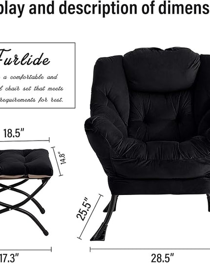 Lazy Chair with Ottoman, Modern Chair with Folding Footrest, Lounge Accent Chair, Comfortable Reading Chair, Oversized Armchairs for Bedroom, Study, Living Room, Courtyard (Black) - LeafyLoom