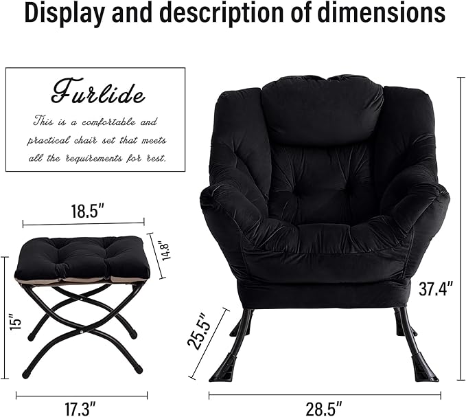 Lazy Chair with Ottoman, Modern Chair with Folding Footrest, Lounge Accent Chair, Comfortable Reading Chair, Oversized Armchairs for Bedroom, Study, Living Room, Courtyard (Black) - LeafyLoom