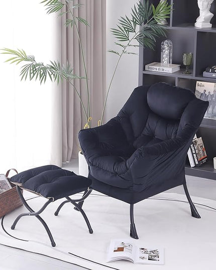 Lazy Chair with Ottoman, Modern Accent Chair Contemporary Lounge Leisure Upholstered Sofa Chair Set with Armrests, Reading Chair for Living Room, Bedroom, Office, Black - LeafyLoom