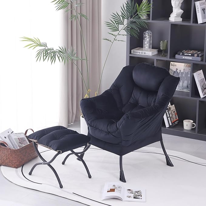 Lazy Chair with Ottoman, Modern Accent Chair Contemporary Lounge Leisure Upholstered Sofa Chair Set with Armrests, Reading Chair for Living Room, Bedroom, Office, Black - LeafyLoom