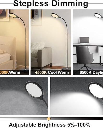 LED Floor Lamp, 12W/1000LM Reading Light, 3 Color Temperatures Bright Modern Tall Lamp, Adjustable Gooseneck Standing Lamp with Remote & Touch Control for Living Room, Bedroom, Office - LeafyLoom