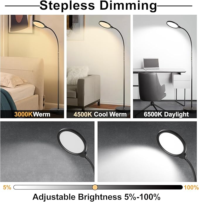 LED Floor Lamp, 12W/1000LM Reading Light, 3 Color Temperatures Bright Modern Tall Lamp, Adjustable Gooseneck Standing Lamp with Remote & Touch Control for Living Room, Bedroom, Office - LeafyLoom