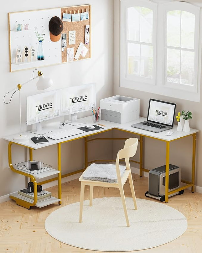 Teraves Reversible L Shaped Desk with Shelves Round Corner Computer Desk Gaming Table Workstation for Home Office (Large, White + Gold Frame) - LeafyLoom