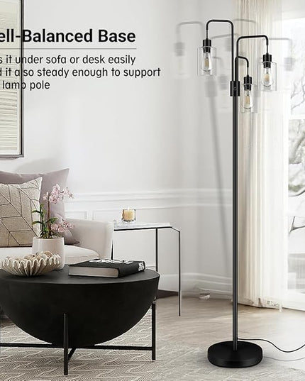 BoostArea Industrial Floor Lamp for Living Room,Glass Lampshade,Modern Stand Up Lamp with 3 Light,Simple Design Floor Lamp for Bedroom, Living Room, Office, Kids Room, Reading - LeafyLoom