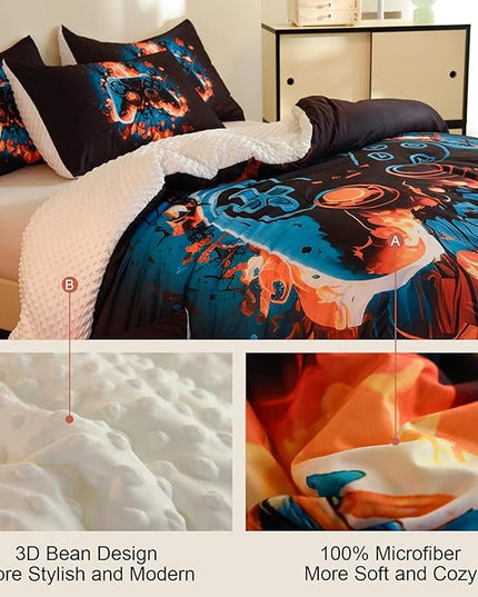 Video Game Twin Size Comforter Set for Boys Kids Teens Gamepad Gaming Controller and Fire Pattern Bedding Set- 3 Piece Quilt with 2 Pillowcases (68"x90") - LeafyLoom