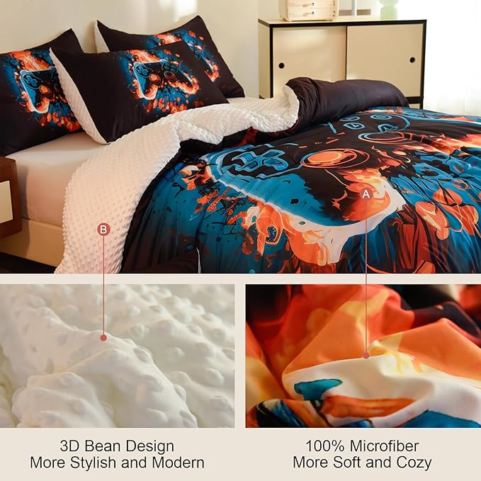 Video Game Twin Size Comforter Set for Boys Kids Teens Gamepad Gaming Controller and Fire Pattern Bedding Set- 3 Piece Quilt with 2 Pillowcases (68"x90") - LeafyLoom